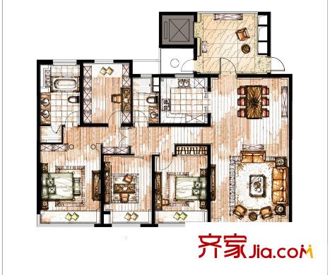 萬科金色水岸 4室2廳2衛(wèi)1廚 戶型圖