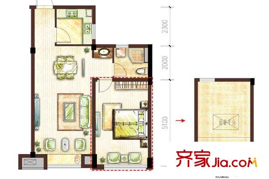 開(kāi)元九龍湖畔C戶(hù)型 1室1廳1衛(wèi)1廚