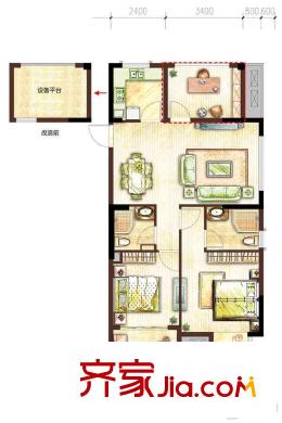 開(kāi)元九龍湖畔A戶(hù)型 3室2廳2衛(wèi)1廚