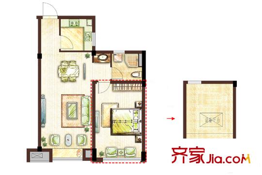 開(kāi)元九龍湖畔春漫里C戶(hù)型 1室1廳1衛(wèi)1廚