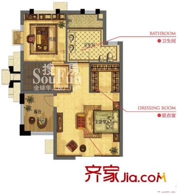 溫莎堡排層5-20#樓E戶型地上三層 1室1衛(wèi)