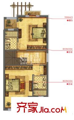 溫莎堡排屋5-6#樓、10-22#樓B/C戶型地上二層 2室2衛(wèi)