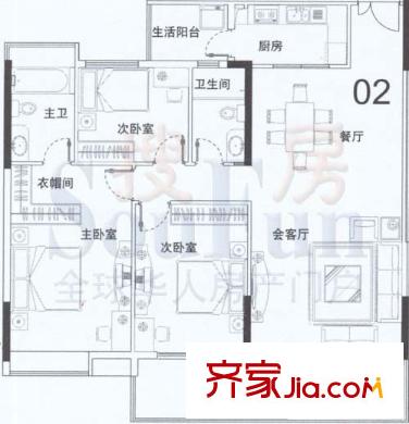 小城之春户型图3栋02单位 3室2厅2卫1厨