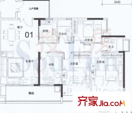 小城之春户型图2栋01单位 4室2厅2卫1厨