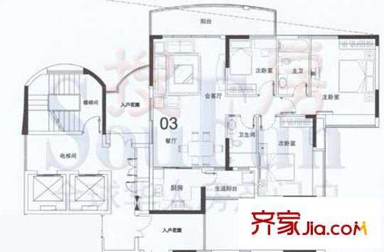 小城之春户型图2栋03单位 3室2厅2卫1厨
