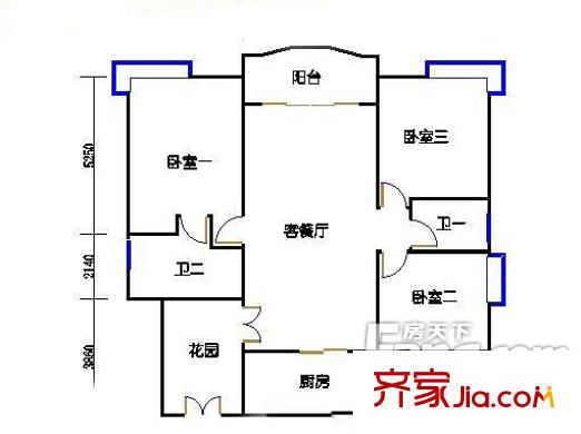 汇景新城中央庭园户型图3室2厅户型图 3室2厅2卫1厨