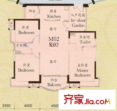 汇景新城中央庭园户型图3室2厅户型图 3室2厅2卫1厨