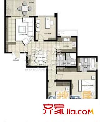風(fēng)格城事 3室2廳1衛(wèi)1廚 戶型圖