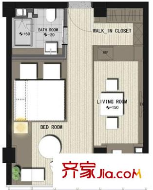 風(fēng)格城事戶型圖壹爵A套型 1室1廳1衛(wèi)1廚
