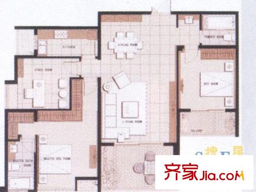 風(fēng)格城事 3室2廳2衛(wèi)1廚 戶型圖