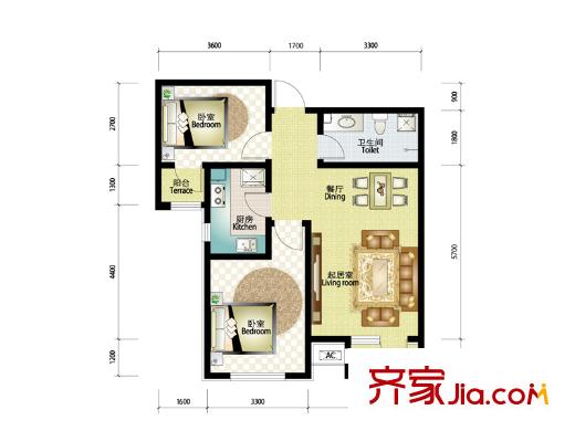 海泰海港花園24~27層高層標準層02、03戶型 2室2廳1衛(wèi)