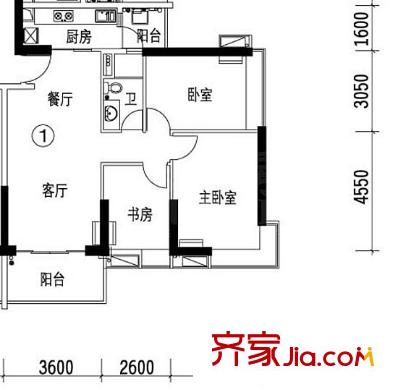 保利中辰广场户型图B2栋01单元 3室2厅1卫1厨
