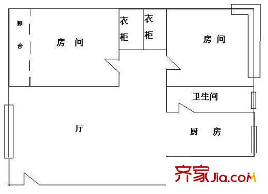 五羊新城H区户型图2室1厅户型图 2室1厅1卫1厨
