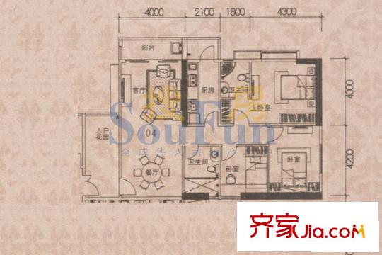 御东和府户型图南塔标准层04单位 3室2厅