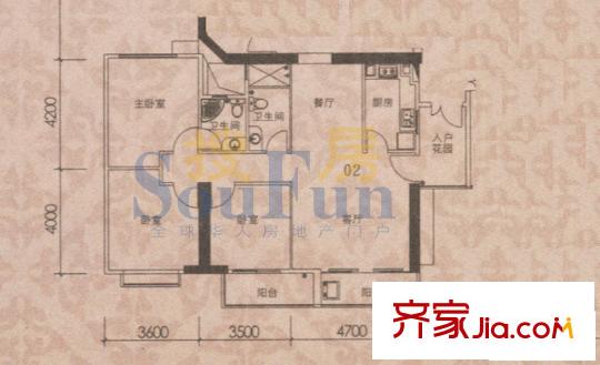 御东和府户型图南塔标准层02单位 3室2厅