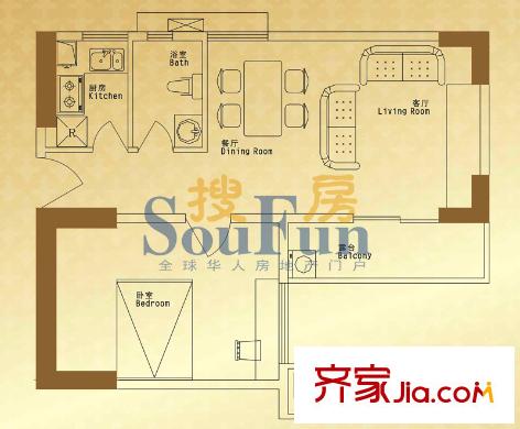 馨润尚寓户型图B2座12单元户型图 1室1厅1卫1厨