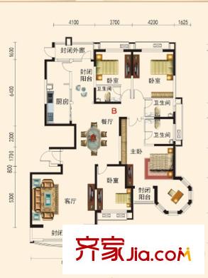 天津碧桂園高層標準層J80b戶型 4室2廳3衛(wèi)1廚