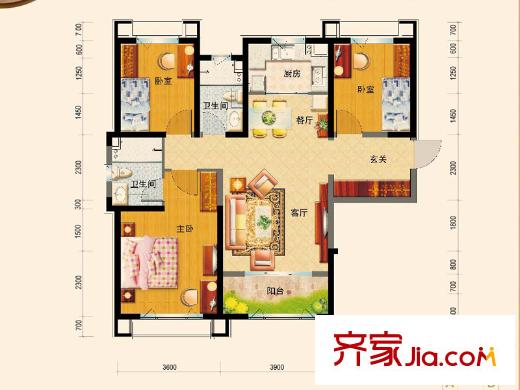 天津碧桂園泊麗灣二期高層標準層J465A戶型 3室2廳2衛(wèi)1廚
