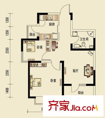城市名居戶型圖4號樓D3戶型 2室1廳1衛(wèi)