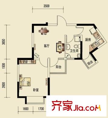 城市名居戶型圖4號樓D2戶型 1室1廳1衛(wèi)