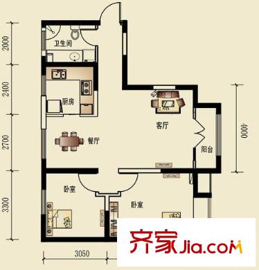 城市名居戶型圖2號樓B1戶型 2室2廳1衛(wèi)