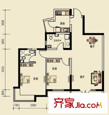 城市名居戶型圖2號樓B3戶型 2室2廳2衛(wèi)