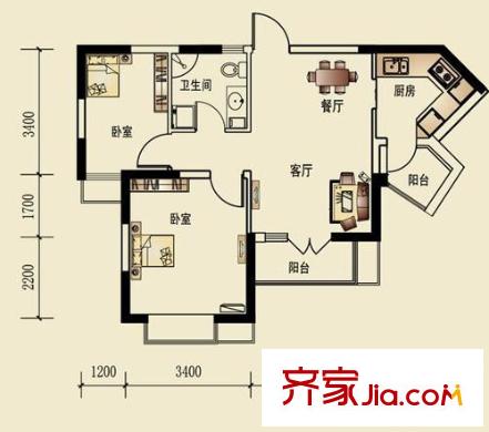 城市名居戶型圖2號樓B2戶型 2室2廳1衛(wèi)