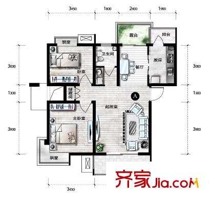 天房翠海紅山戶型圖小高層標(biāo)準(zhǔn)層A戶型 2室2廳1衛(wèi)1廚