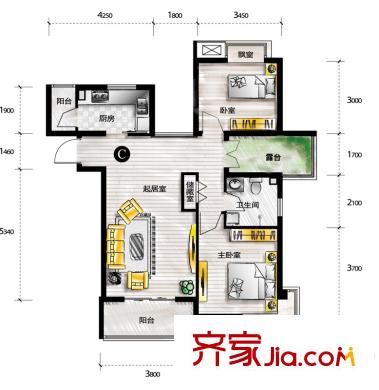 天房翠海紅山戶型圖小高層標(biāo)準(zhǔn)層C戶型 2室1廳1衛(wèi)