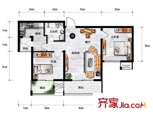 天房翠海紅山戶型圖小高層標(biāo)準(zhǔn)層B戶型 2室1廳1衛(wèi)1廚