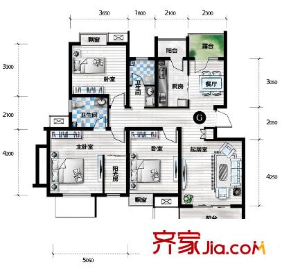 天房翠海紅山戶型圖小高層標(biāo)準(zhǔn)層G戶型 3室2廳2衛(wèi)1廚