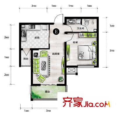 天房翠海紅山戶型圖小高層標(biāo)準(zhǔn)層E戶型 1室1廳1衛(wèi)1廚