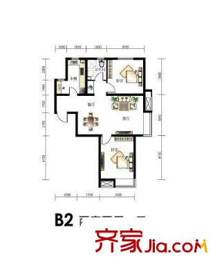 首創(chuàng)國際城戶型圖B2戶型 2室2廳1衛(wèi)