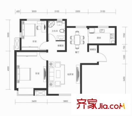 首創(chuàng)國際城戶型圖五期標準層T3戶型 2室2廳1衛(wèi)1廚