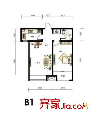 首創(chuàng)國際城戶型圖B1戶型 1室2廳1衛(wèi)