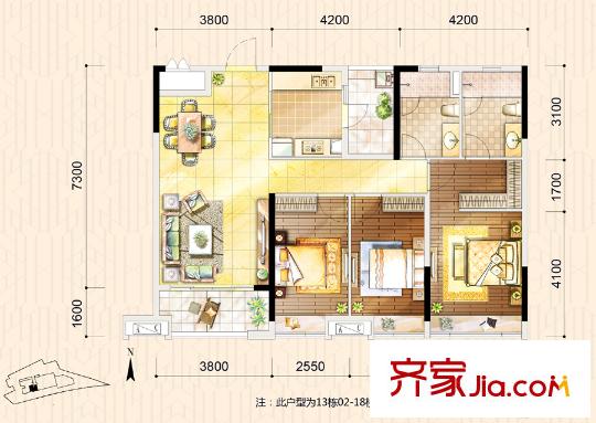 时代倾城13栋2-18层04单元115平方米 3室2厅2卫1厨