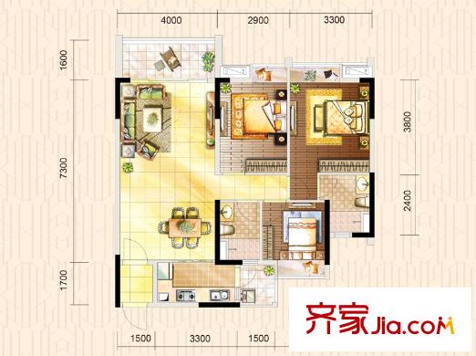时代倾城E户型102平方米 3室2厅2卫1厨