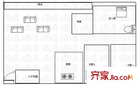保利108公馆户型图4室1厅户型图 4室1厅1卫1厨