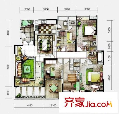 保利108公馆户型图4室2厅户型图 4室2厅2卫1厨