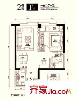 仁恒海河廣場戶型圖2號樓F3戶型1門11、12室 1室2廳1衛(wèi)1廚