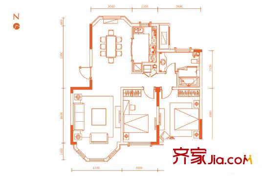 貝肯山二期洋房1號樓2-6層B戶型 2室2廳1衛(wèi)1廚
