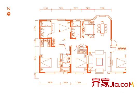 貝肯山二期洋房4號樓2-4層B戶型 4室2廳3衛(wèi)1廚