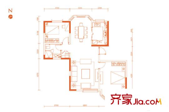 貝肯山二期洋房4號樓2-5層J戶型 3室2廳2衛(wèi)1廚