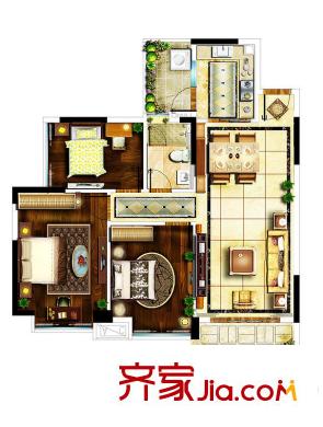 雅居乐城南源著户型图5栋302户型 3室2厅1卫1厨