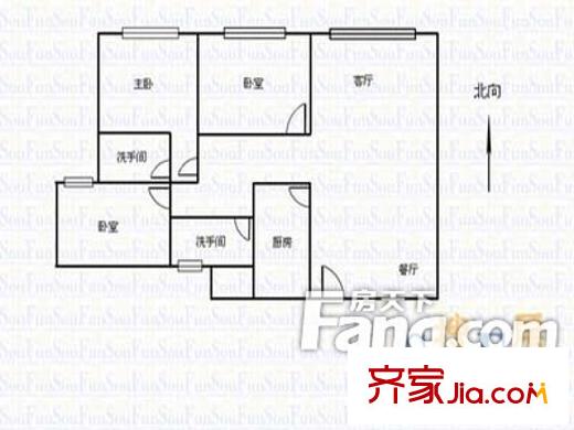 新世界东逸花园蓝谷户型图3室2厅户型图 3室2厅2卫1厨