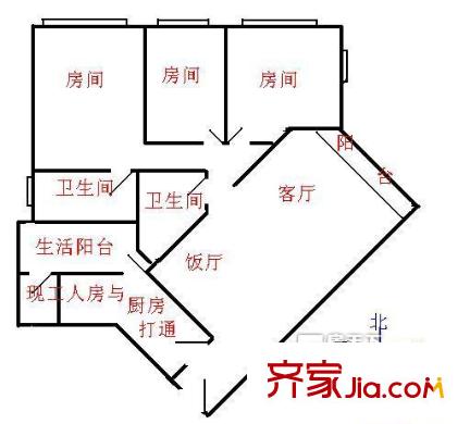 新世界东逸花园蓝谷户型图3室2厅户型图 3室2厅2卫1厨