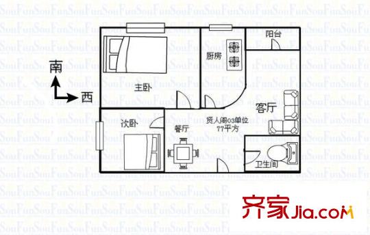 贤人阁 2室 户型图