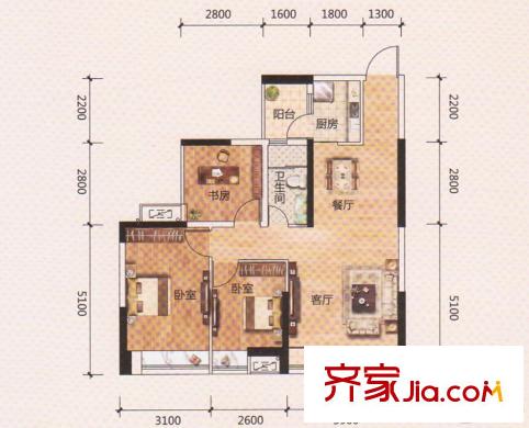 盛南新都1座90平方米C户型 3室2厅1卫1厨