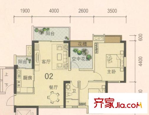 盛南新都1座02户型 2室2厅1卫1厨