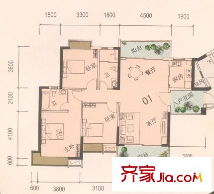 盛南新都1座01户型 3室2厅2卫1厨